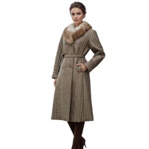 Vintage 70s Quilted Long Coat Rabbit Fur, Sage, US Women's Large (listing as)